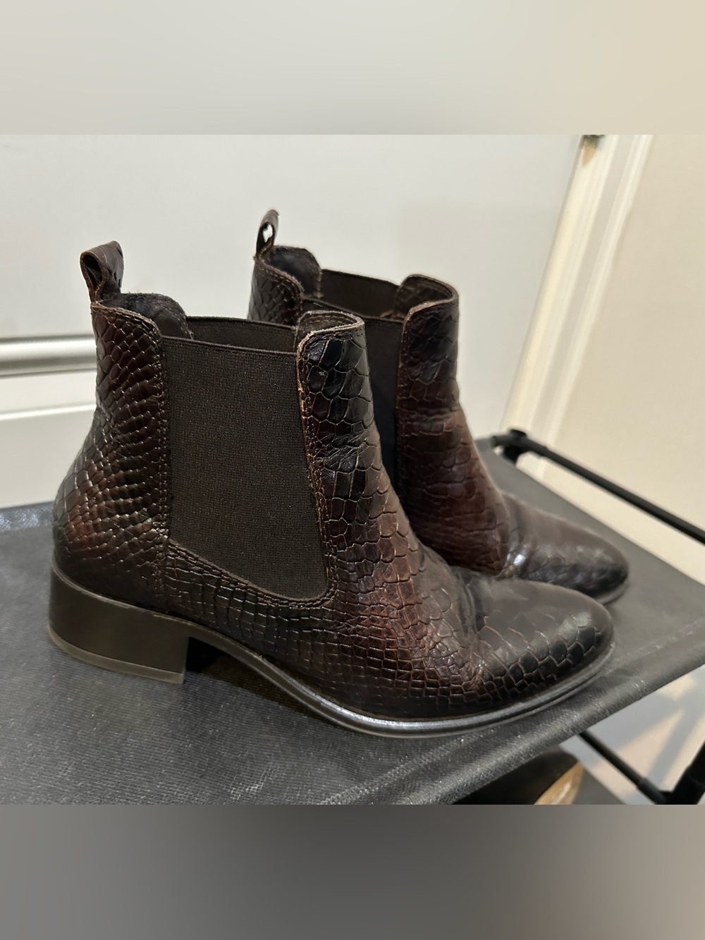 Croc-Embossed Chelsea Ankle Boots in Dark Brown